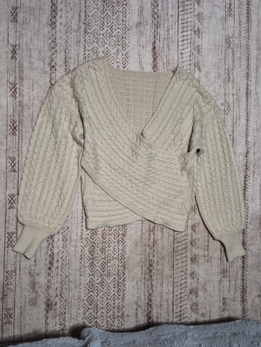 SHEIN Cream Cable Knit V-Neck Wrap Sweater